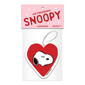 Snoopy air freshener with heart design on a pink and white background