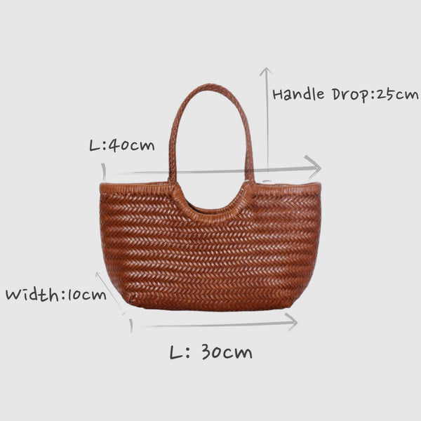 Hand-woven leather tote bag in chocolate brown on a white background with a diagram showing the dimensions of the woven leather tote bag: 40cm long, 10cm wide, with a 25cm handle drop.