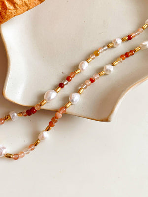 Non Tarnish Bohemian Rose Pearl and Bead Necklace