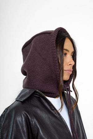 Drawstring Knitted Hood Balaclava in Brown