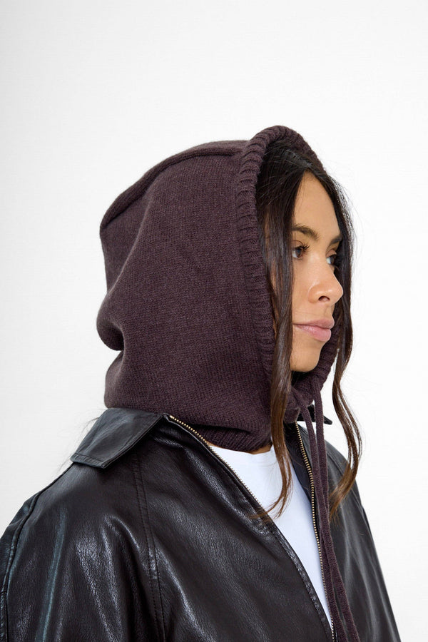 Drawstring Knitted Hood Balaclava in Brown