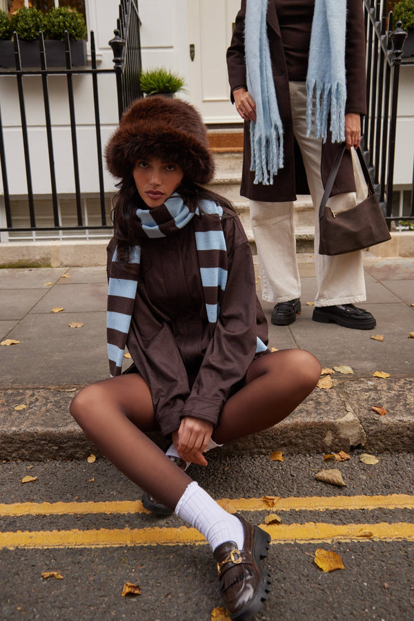 Knitted Stripe Scarf in Blue and Brown