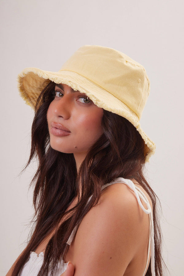 Frayed Edge Denim Bucket Hat in Yellow