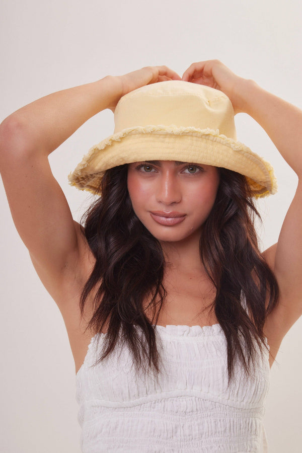 Frayed Edge Denim Bucket Hat in Yellow