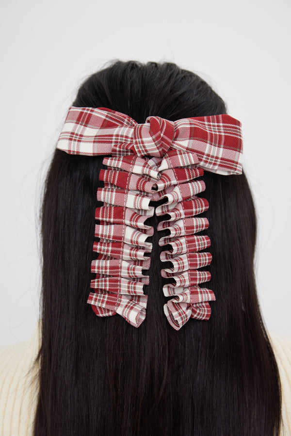 Ruched Check Bow Clip in Red