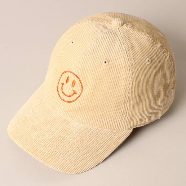 Happy Face Embroidered Corduroy Baseball Cap