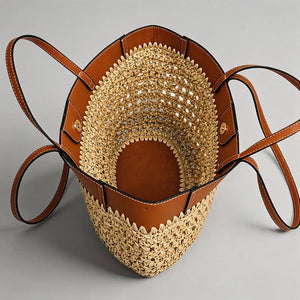 Woven Leather Trimmed Tote Bag