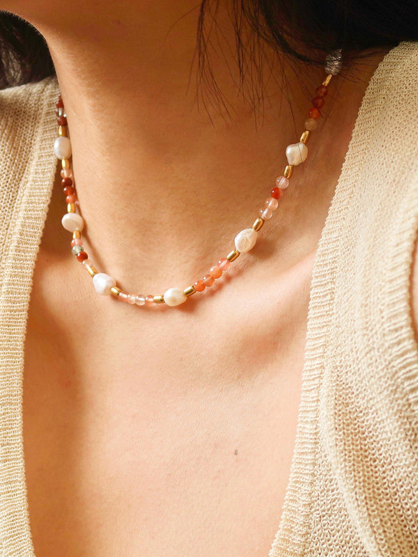 Non Tarnish Bohemian Rose Pearl and Bead Necklace