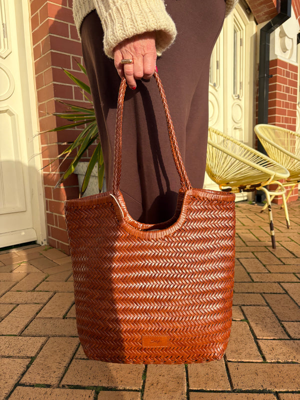 Handmade Woven Leather Tote Bag Caramel Brown