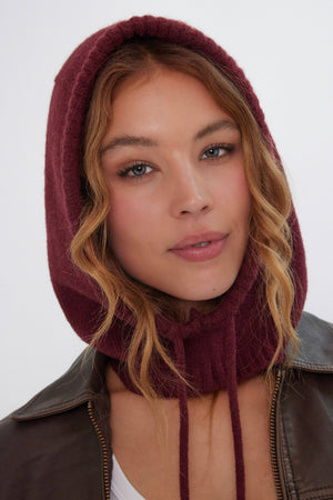 Drawstring Knitted Hood Balaclava in Burgundy