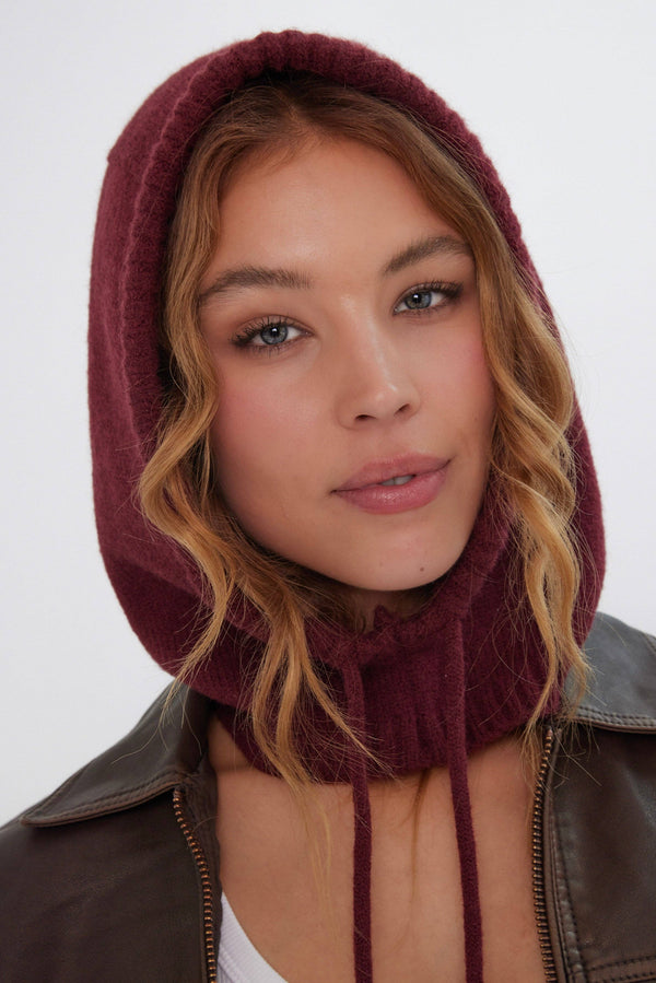 Drawstring Knitted Hood Balaclava in Burgundy