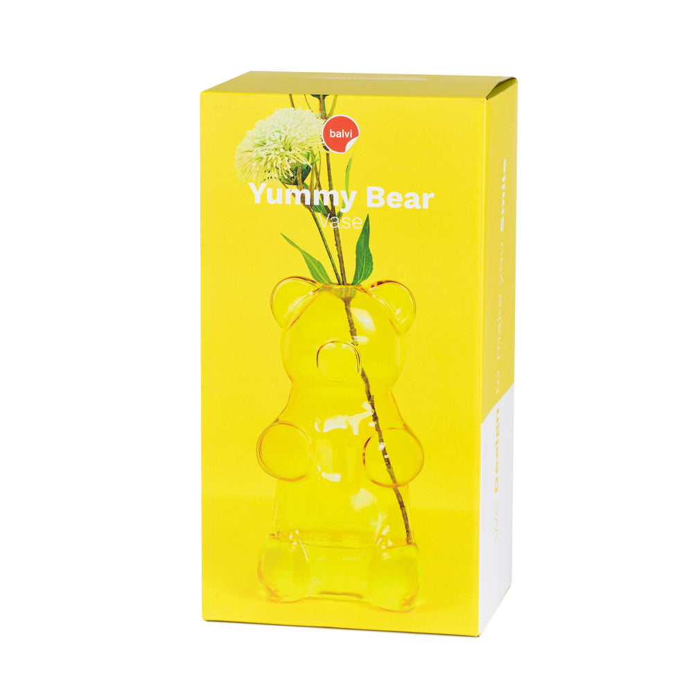 Yellow box with a bear-shaped vase featuring the brand 'balvi'.