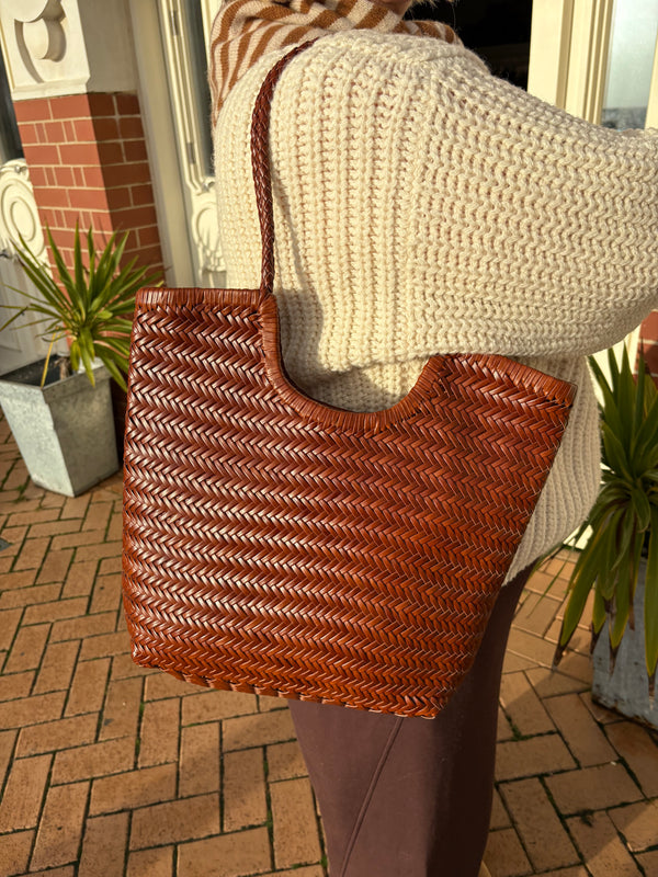Handmade Woven Leather Tote Bag Caramel Brown