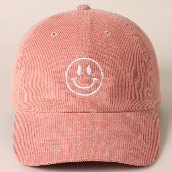 Smiley Face Embroidered Corduroy Hat