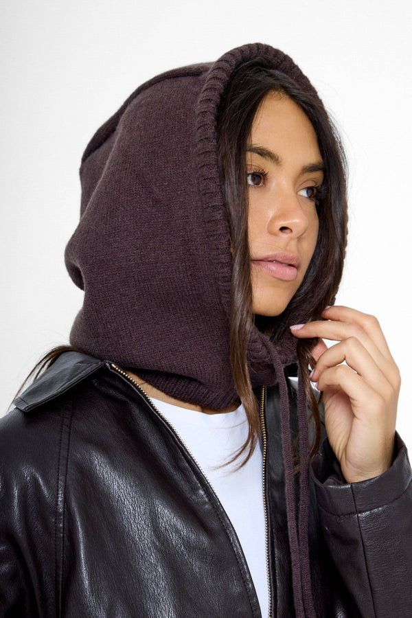 Drawstring Knitted Hood Balaclava in Brown
