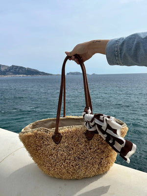 Handwoven Moroccan Palm Leaf Basket with Raffia Detail