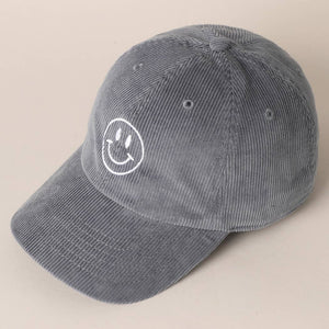 Smiley Face Embroidered Corduroy Hat