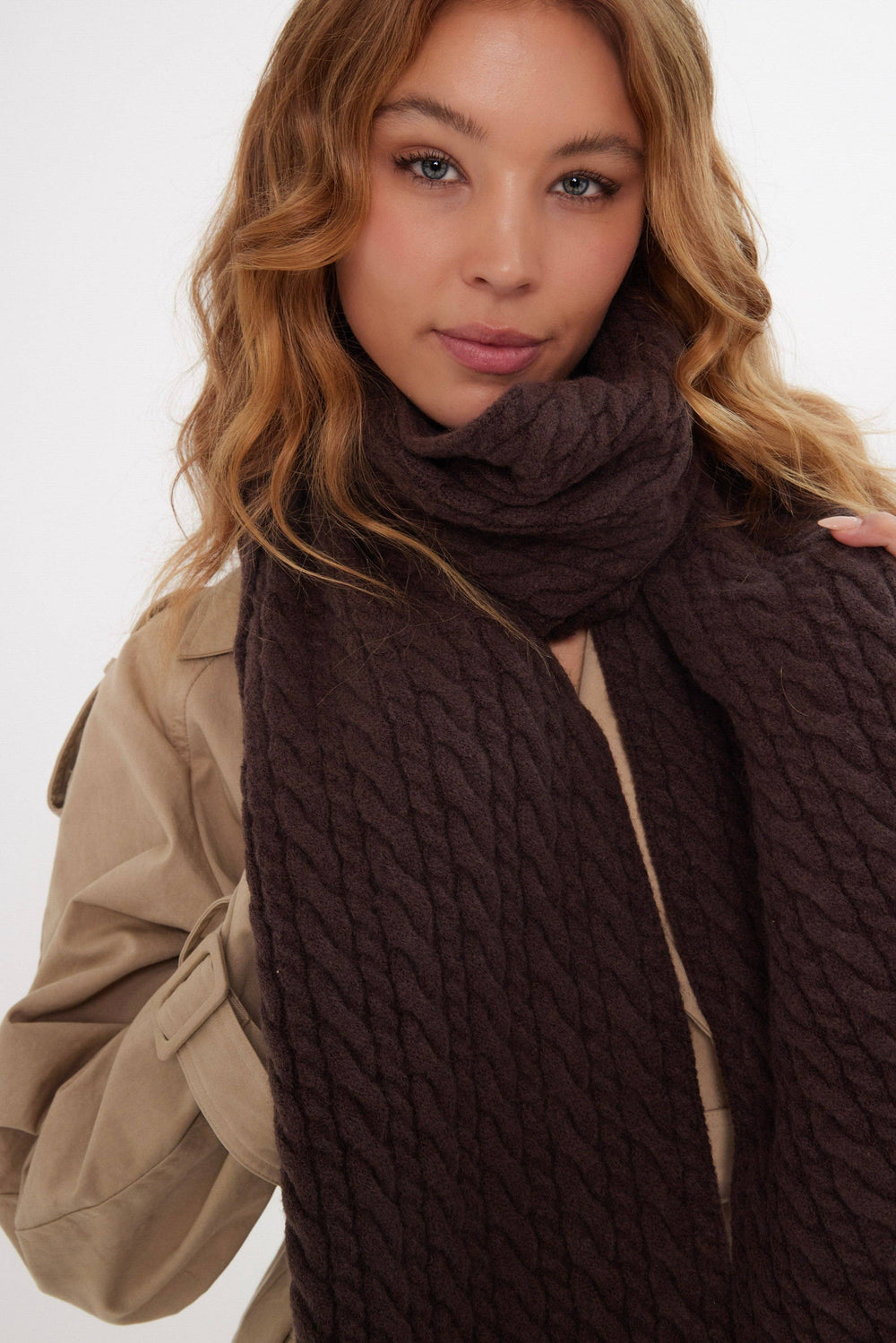Cable Knitted Scarf in Brown