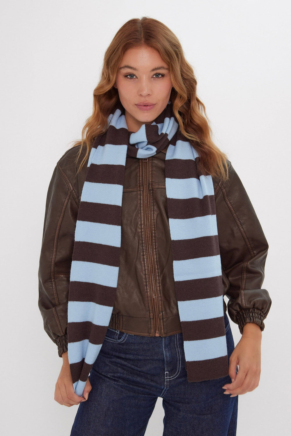 Knitted Stripe Scarf in Blue and Brown