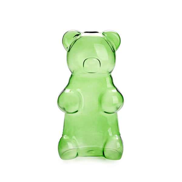 Green gummy bear-shaped container on a white background