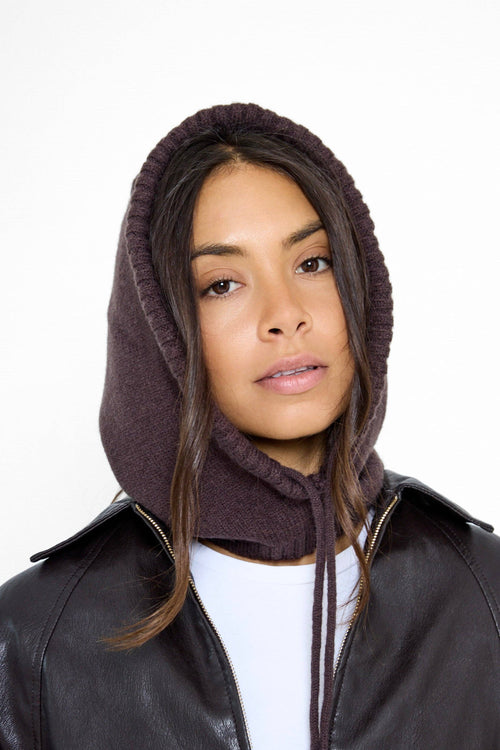 Drawstring Knitted Hood Balaclava in Brown