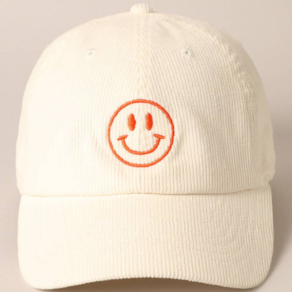 Smiley Face Embroidered Corduroy Hat