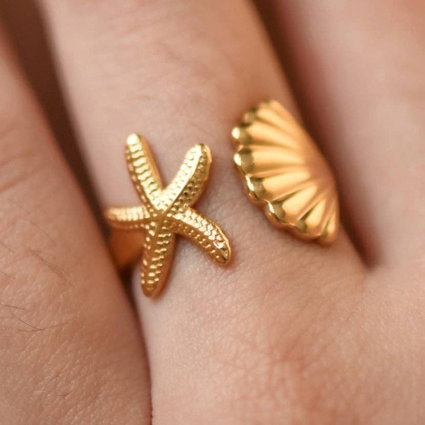18K Gold Plated Stainless Steel Shell Starfish Ring