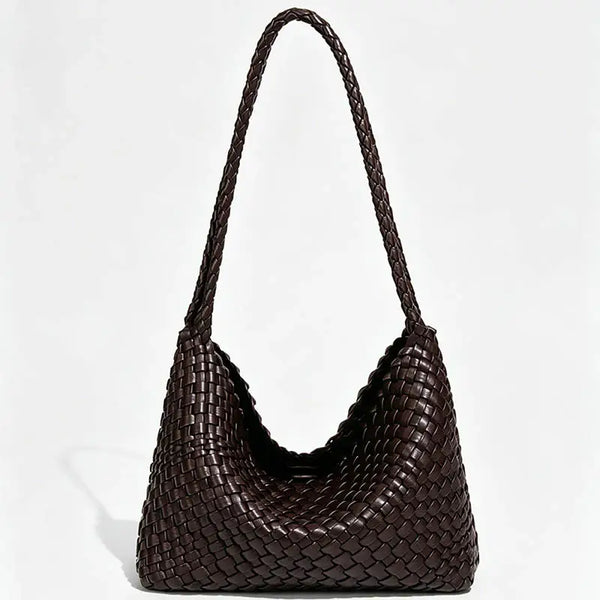 Chocolate Brown Hand‑Woven Shoulder Tote with Pouch