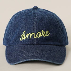 Amore Embroidered Washed Denim Baseball Cap