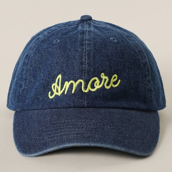 Amore Embroidered Washed Denim Baseball Cap