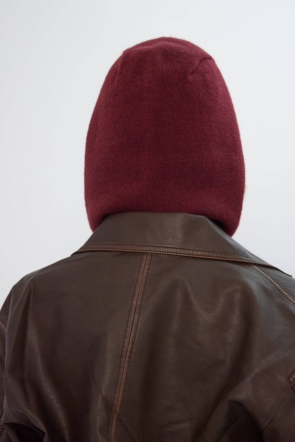 Drawstring Knitted Hood Balaclava in Burgundy