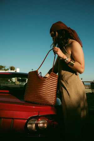 Handmade Woven Leather Tote Bag  Caramel Brown
