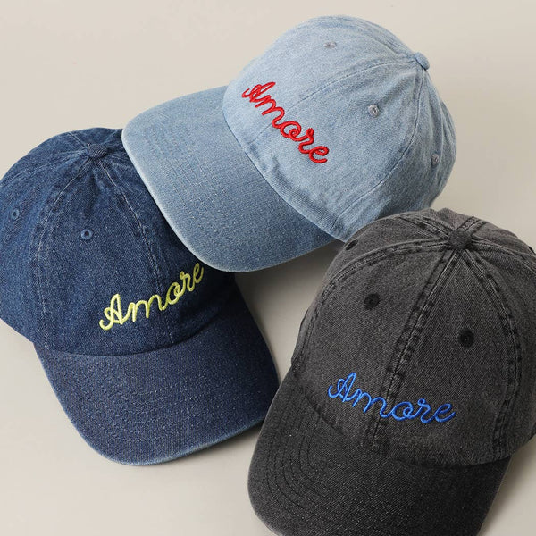 Amore Embroidered Washed Denim Baseball Cap