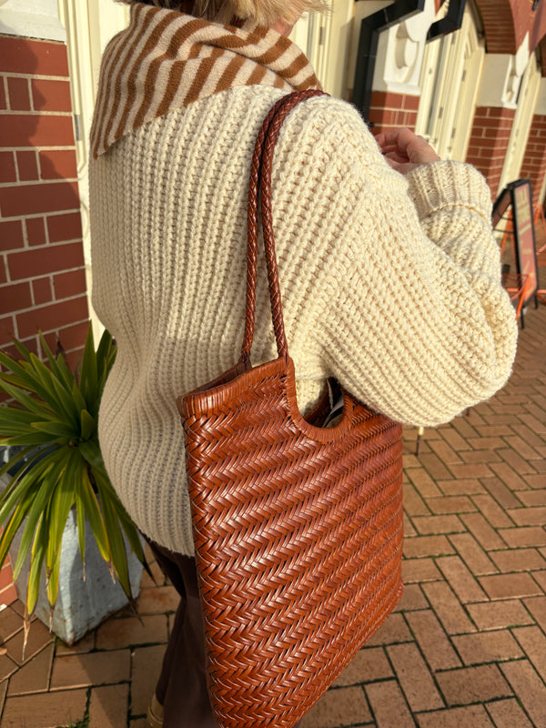 Handmade Woven Leather Tote Bag Caramel Brown