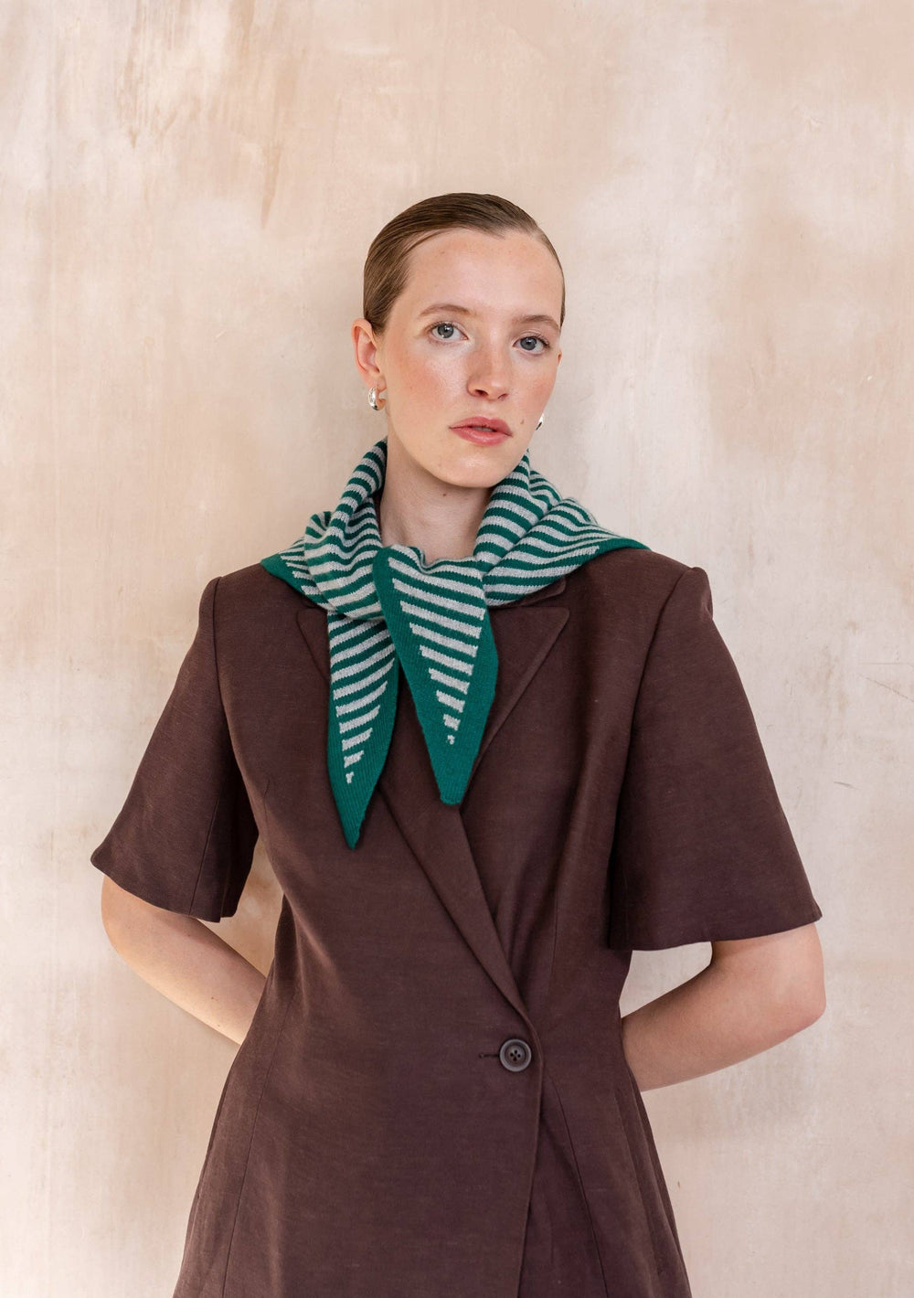 Merino Wool Triangle Scarf in Green & Charcoal Stripe