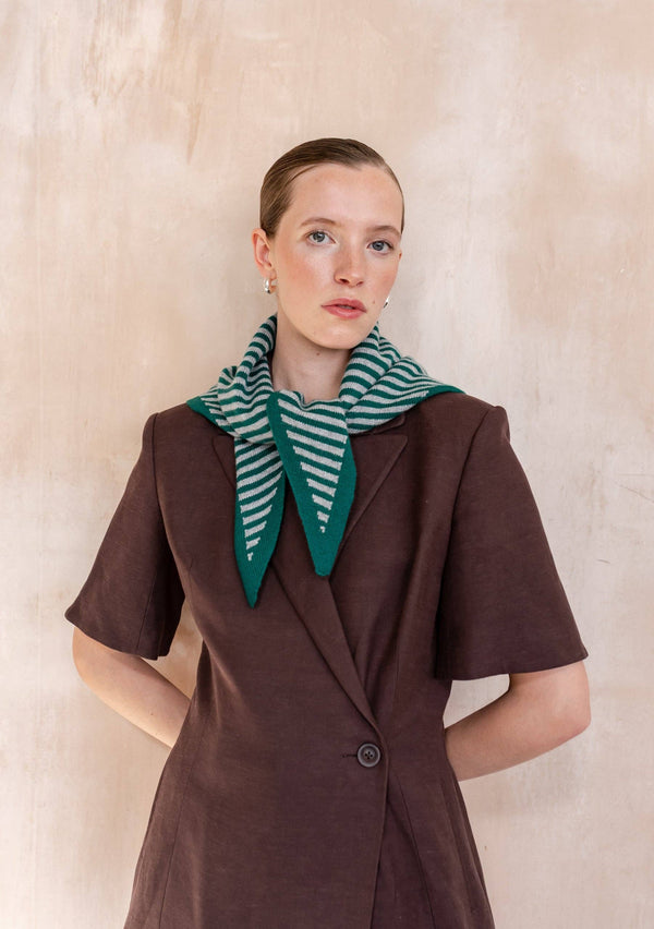 Merino Wool Triangle Scarf in Green & Charcoal Stripe