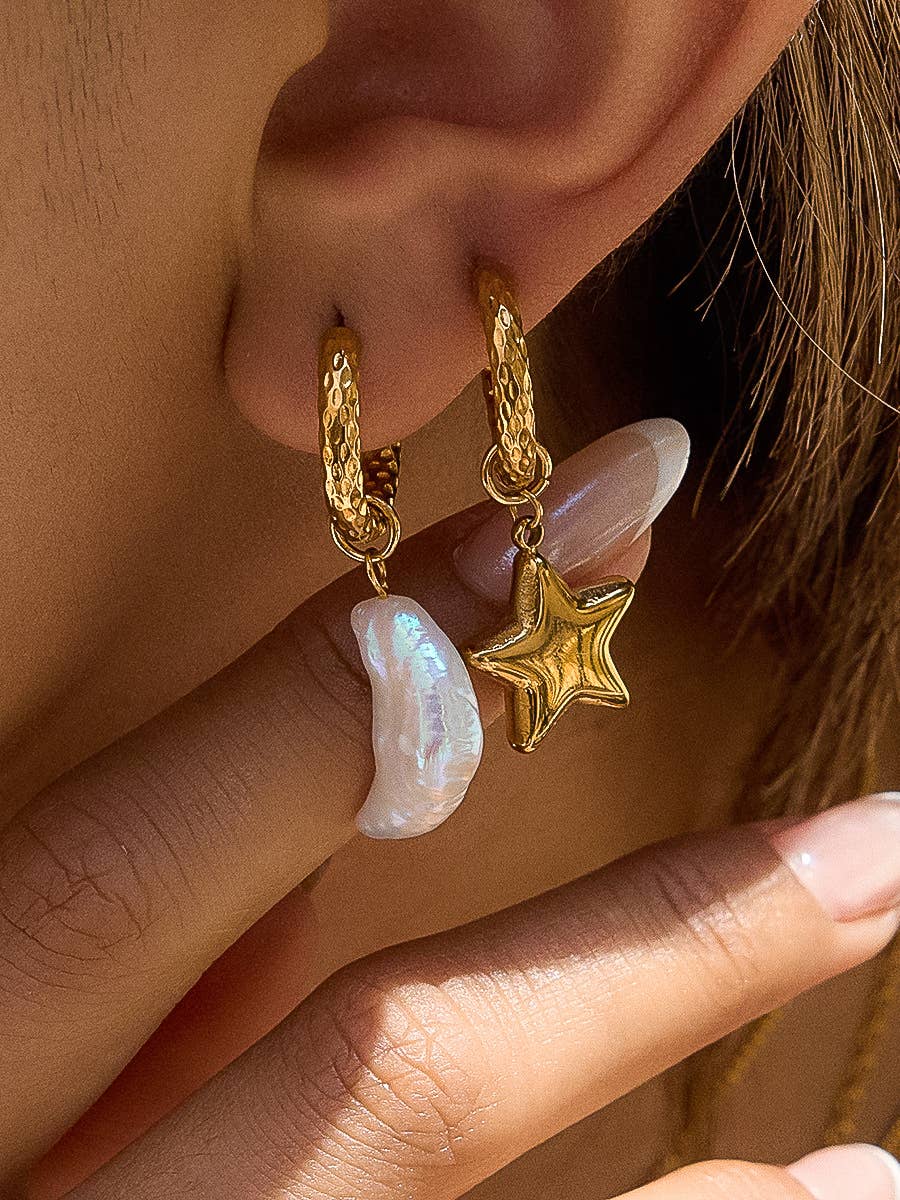 Tillyn 18K Gold Non-Tarnish Mismatch Moon and Star Earring