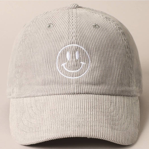Happy Face Embroidered Corduroy Baseball Cap