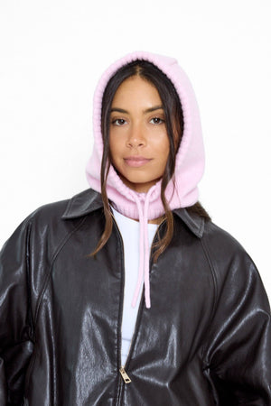 Drawstring Knitted Hood Balaclava in Pink