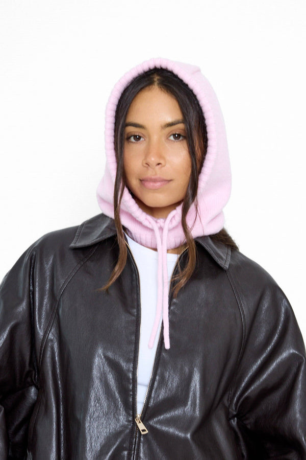 Drawstring Knitted Hood Balaclava in Pink