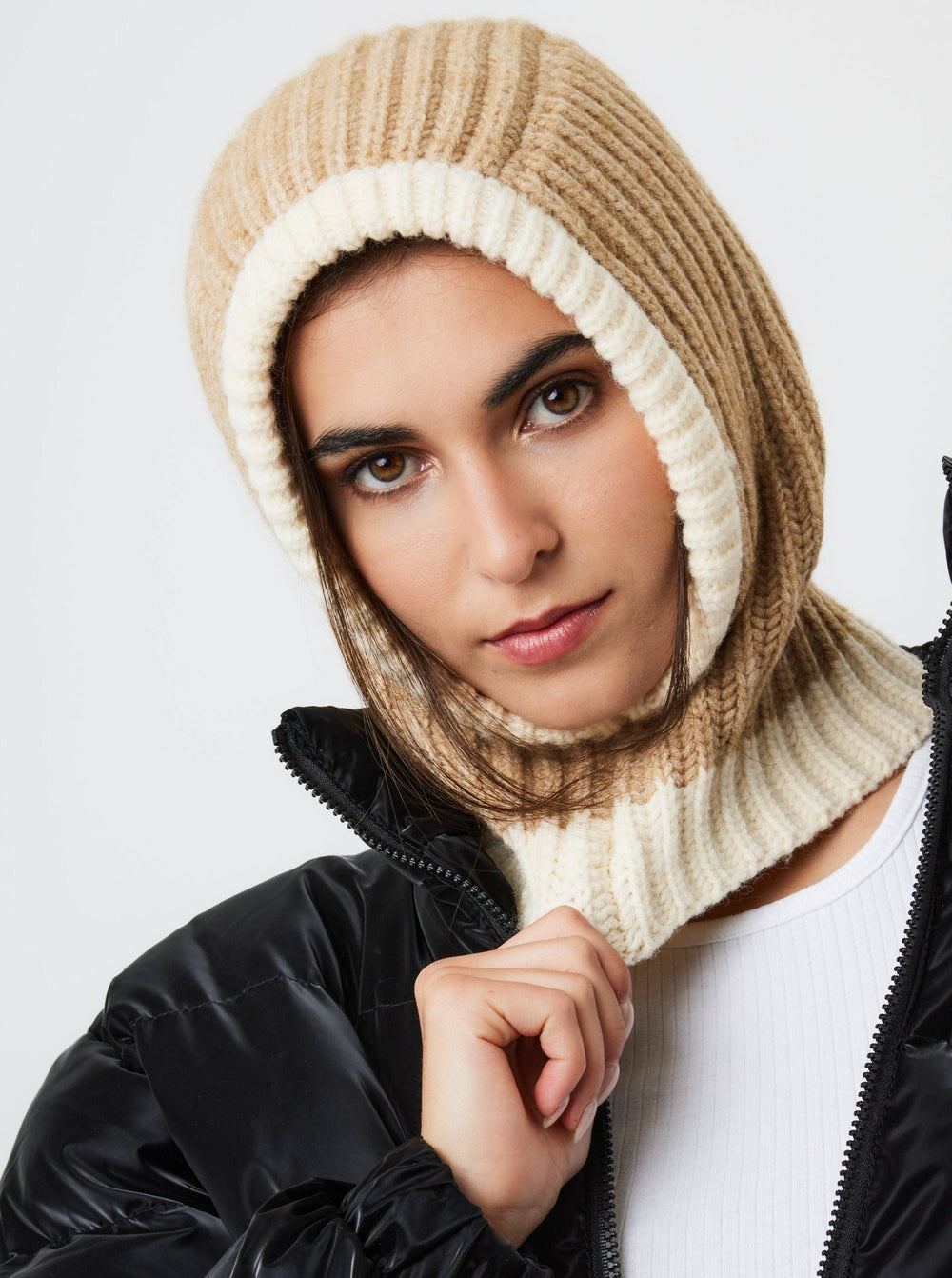 Knitted Hood Balaclava in Beige
