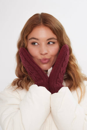 Cable Knitted Mittens in Burgundy