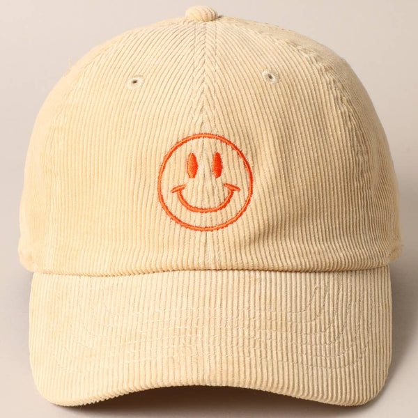 Smiley Face Embroidered Corduroy Hat