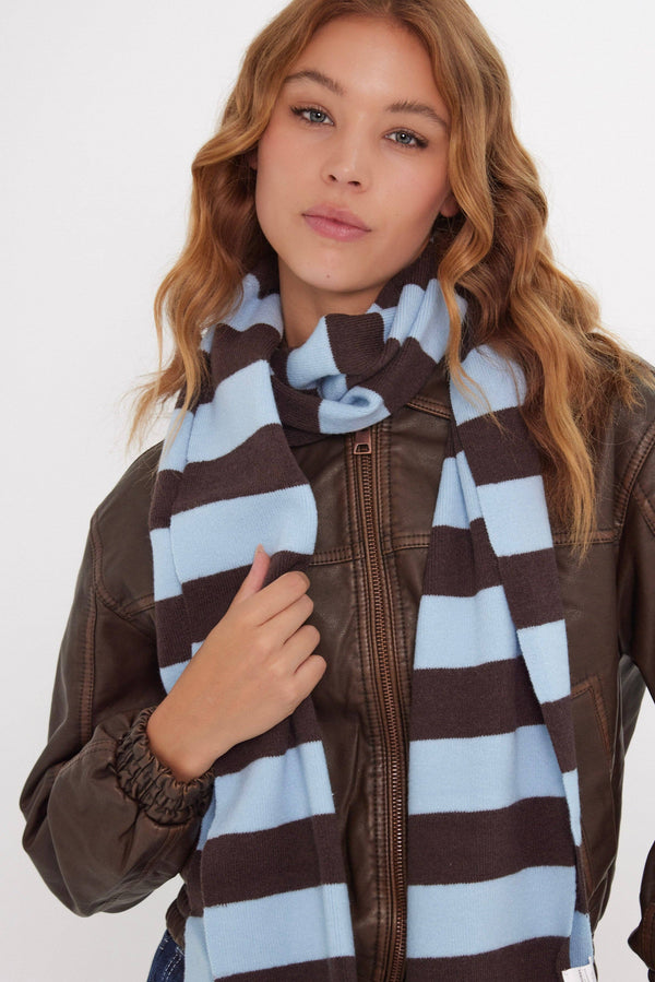 Knitted Stripe Scarf in Blue and Brown