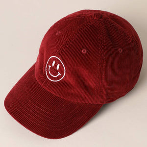 Smiley Face Embroidered Corduroy Hat