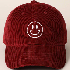 Smiley Face Embroidered Corduroy Hat