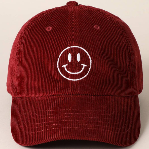 Smiley Face Embroidered Corduroy Hat