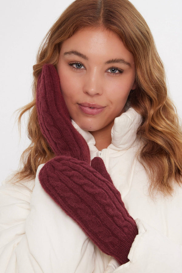 Cable Knitted Mittens in Burgundy