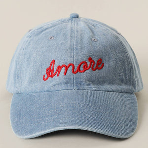 Amore Embroidered Washed Denim Baseball Cap