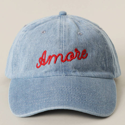 Amore Embroidered Washed Denim Baseball Cap